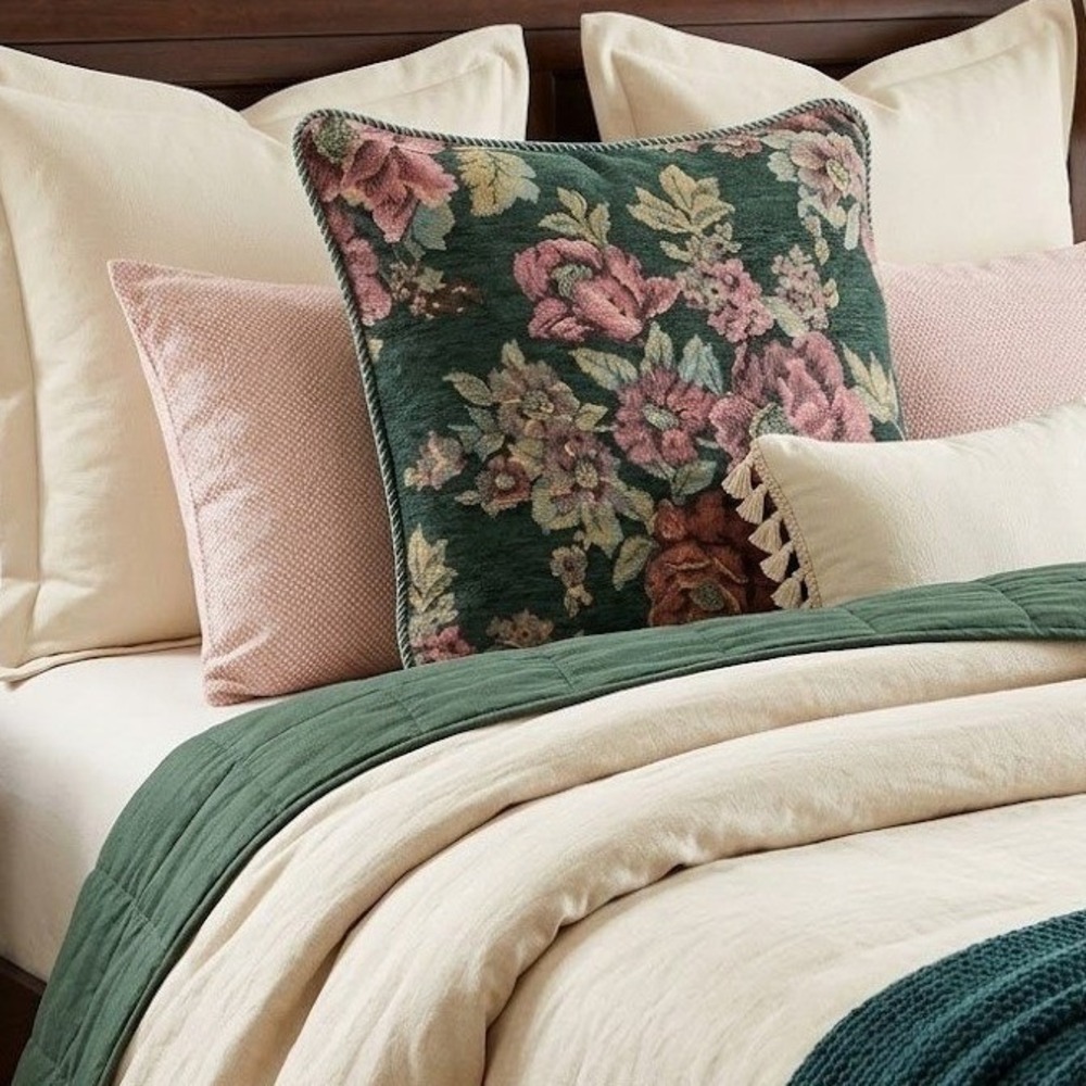 Vintage Floral Tapestry Euro Sham Pillow Cover Woven Rose Fabric Rope Trim Green